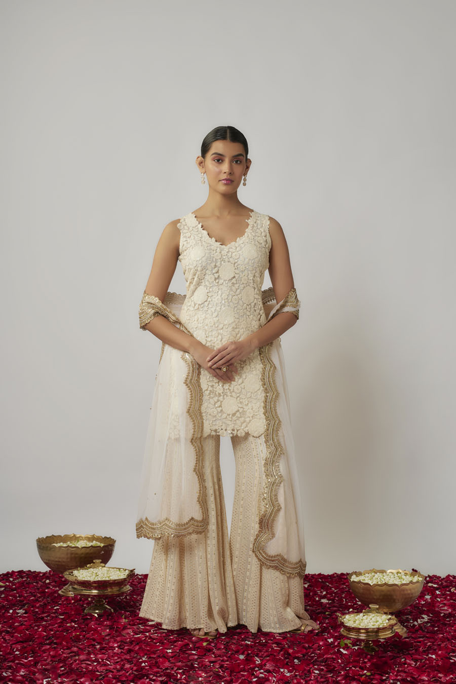 Off White Kurta & Mehendi Green Sharara Black Thread Co 2