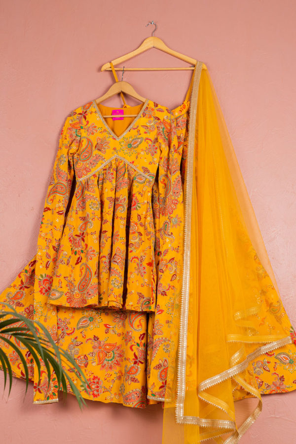 Yellow Bloom Printed Kurta Sharara Set Black Thread Co
