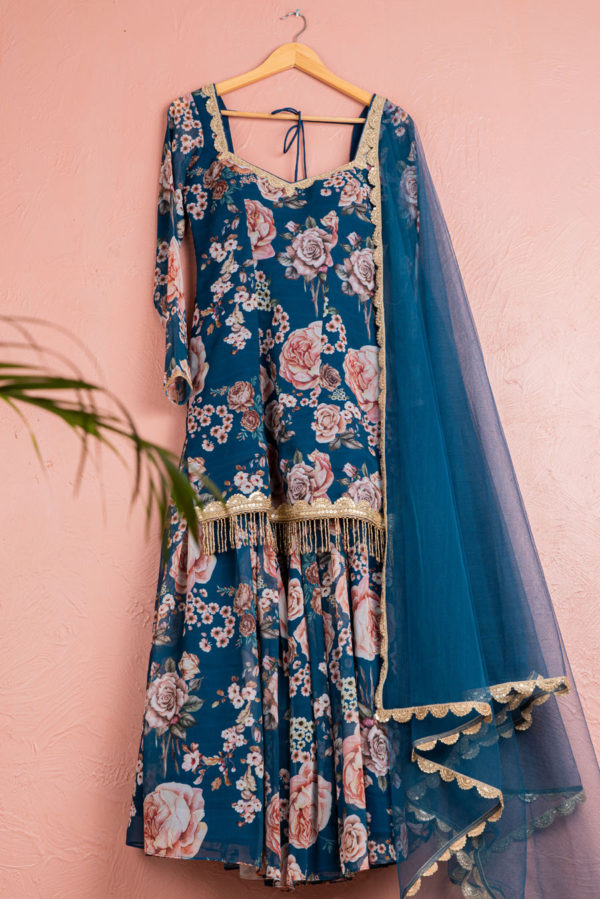Bahama Blue Floral Sharara With Kurta Set Black Thread Co