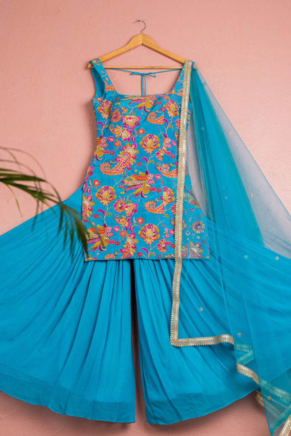 Cerulean Blue Floral Bloom Sharara Set Black Thread Co