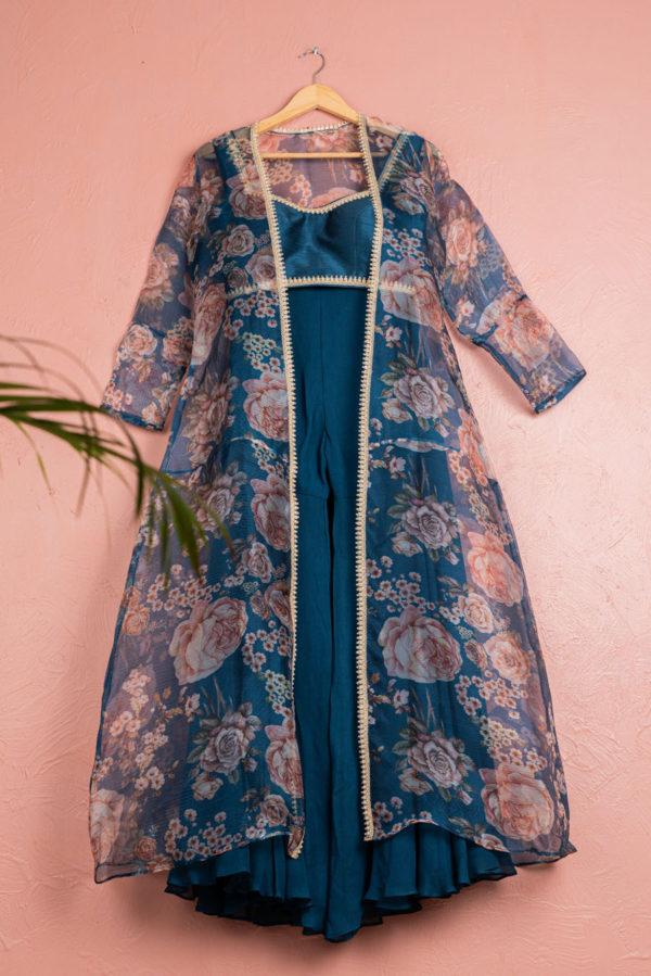 Bahama Blue Sharara With Blouse & Floral Organza Jacket Set Black Thread Co