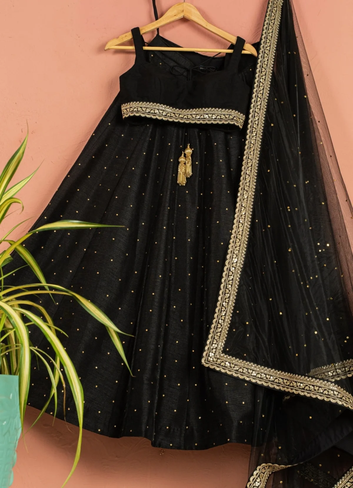 Black Stonework Silk Lehenga With Black Zari Blouse Black Thread Co