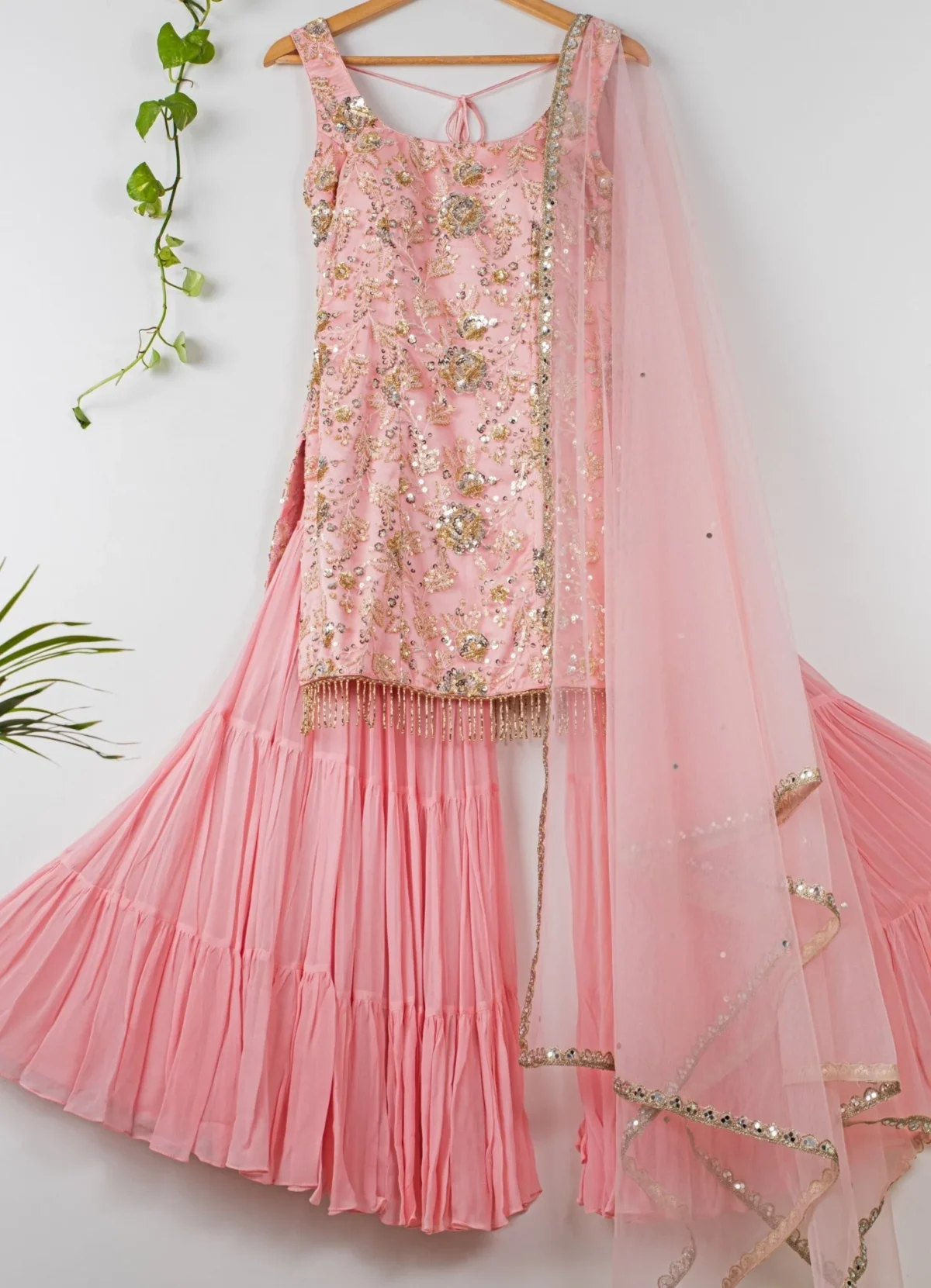 Cherry Blossom Sequinned Kurta Sharara Set Black Thread Co