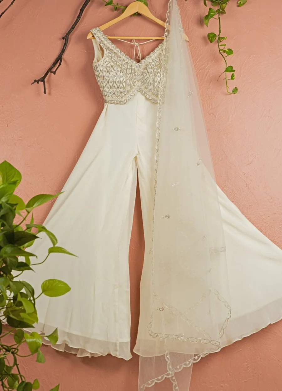 Ivory Sharara With Ivory Zardosi Blouse And Dupatta Black Thread Co 4