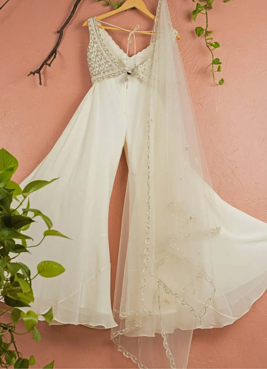 Ivory Sharara With Ivory Zardosi Blouse And Dupatta Black Thread Co 5
