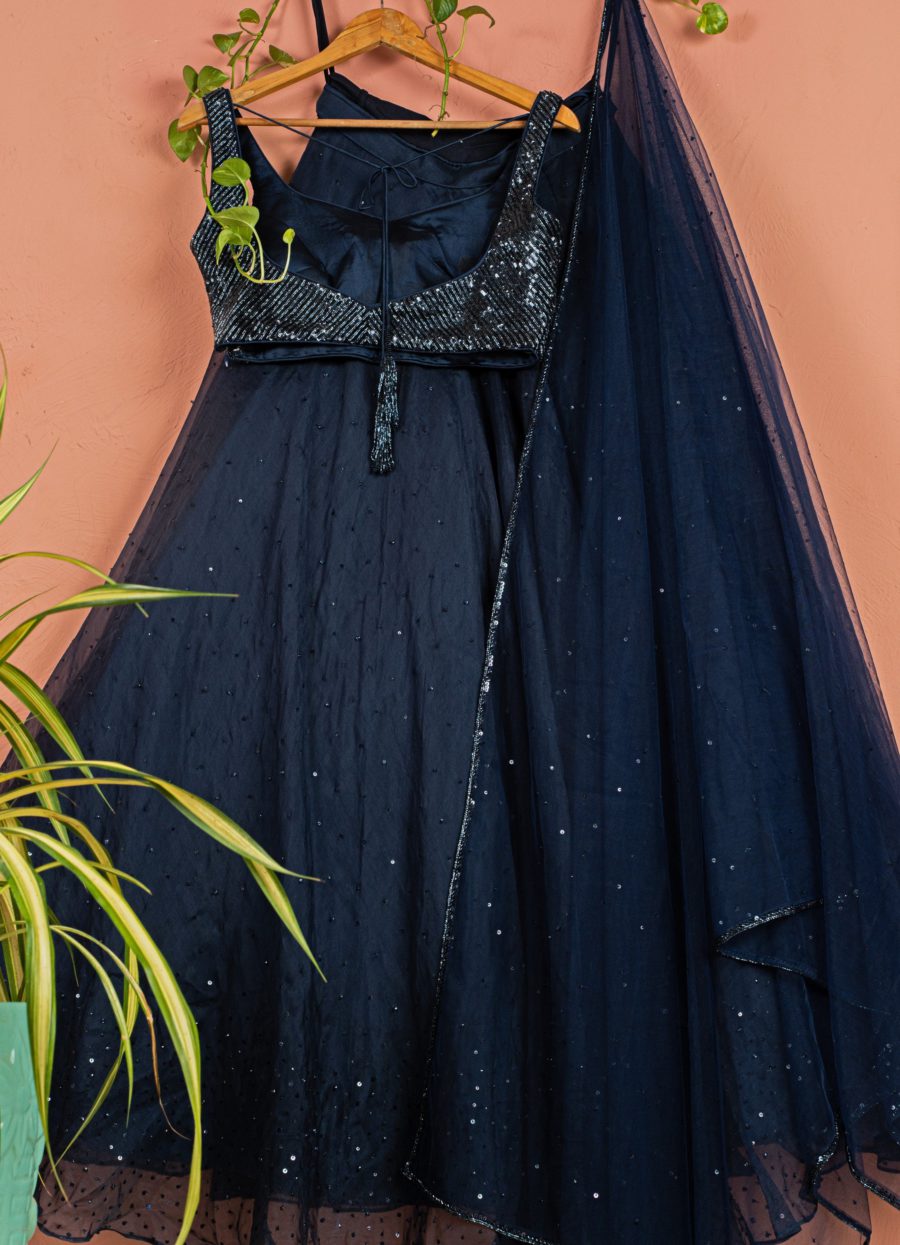 Midnight Blue Shimmer Organza Lehenga Set Black Thread Co 4