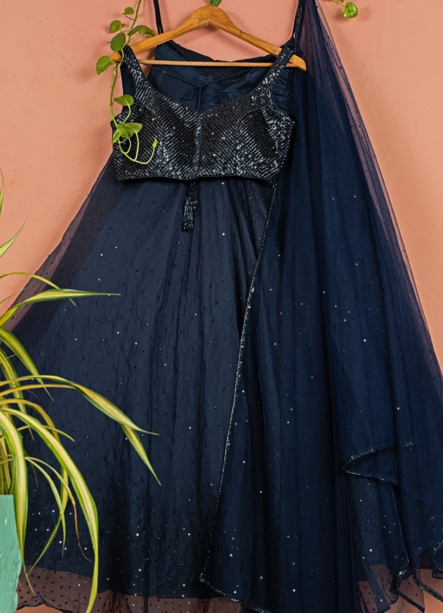 Midnight Blue Shimmer Organza Lehenga Set Black Thread Co 3