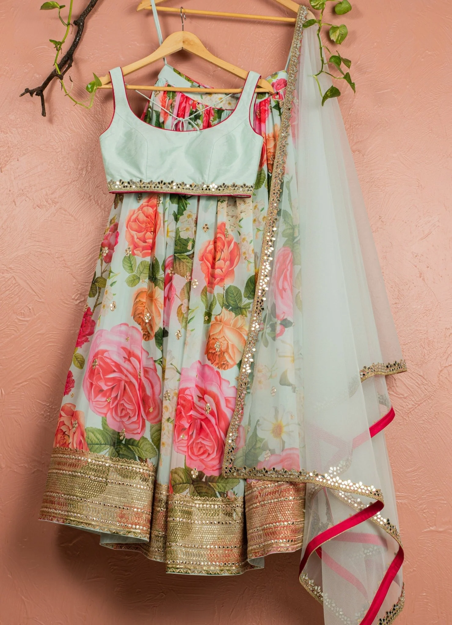 Bahama Blue Floral Organza Lehenga With Organza Blouse Set Black Thread Co 3