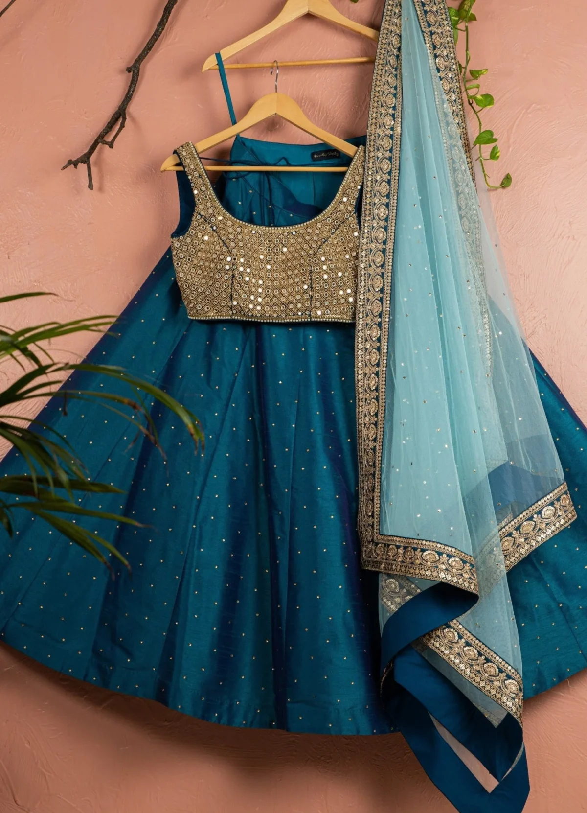 Teal Blue Stonework Silk Lehenga Set Black Thread Co