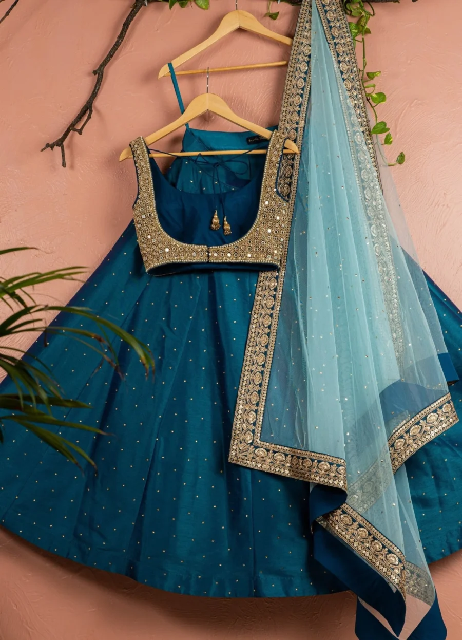 Teal Blue Stonework Silk Lehenga Set Black Thread Co 5