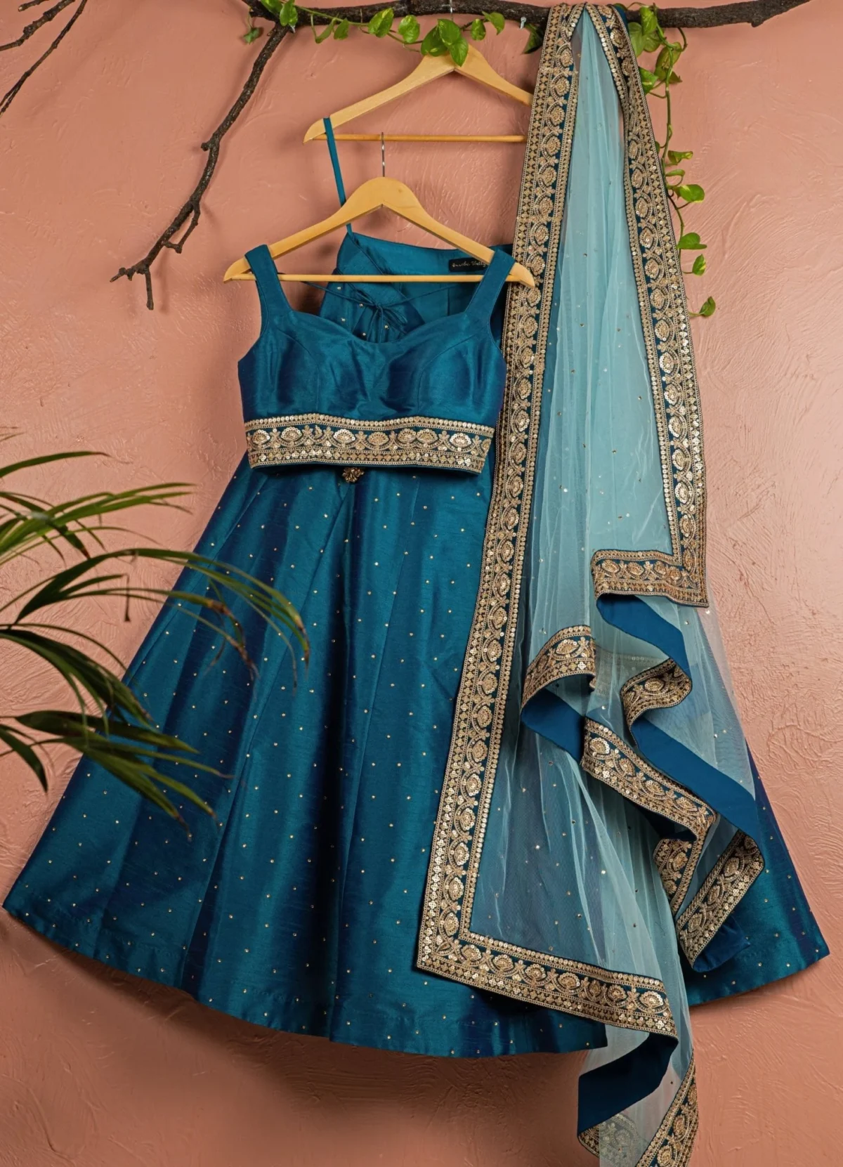Teal Blue Stonework Silk Lehenga With Teal Blue Zari Blouse Black Thread Co