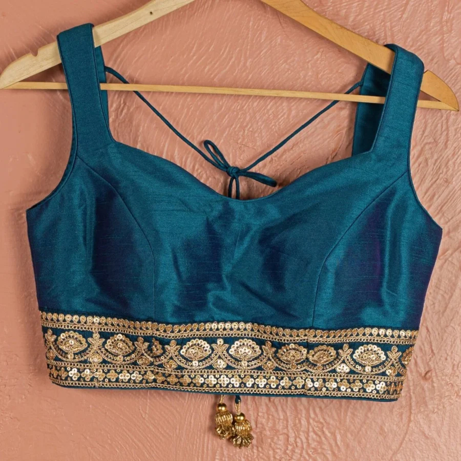 Teal Blue Stonework Silk Lehenga With Teal Blue Zari Blouse Black Thread Co 6