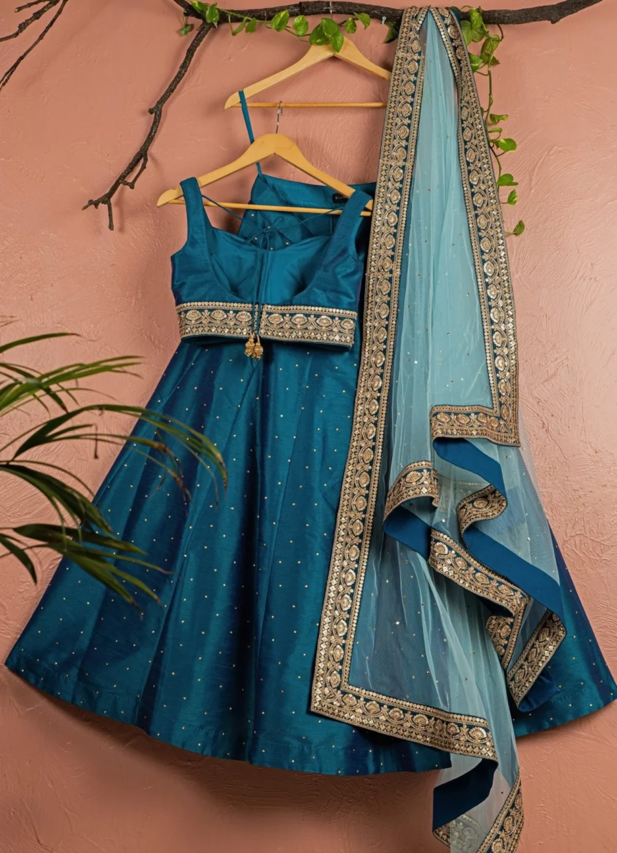 Teal Blue Stonework Silk Lehenga With Teal Blue Zari Blouse Black Thread Co 5