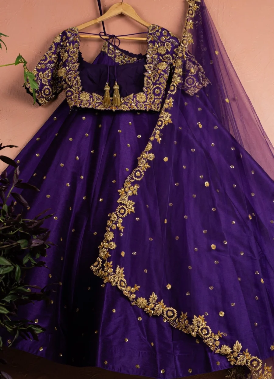 Violet Embellished Raw Silk Lehenga Set With Dupatta Black Thread Co 5