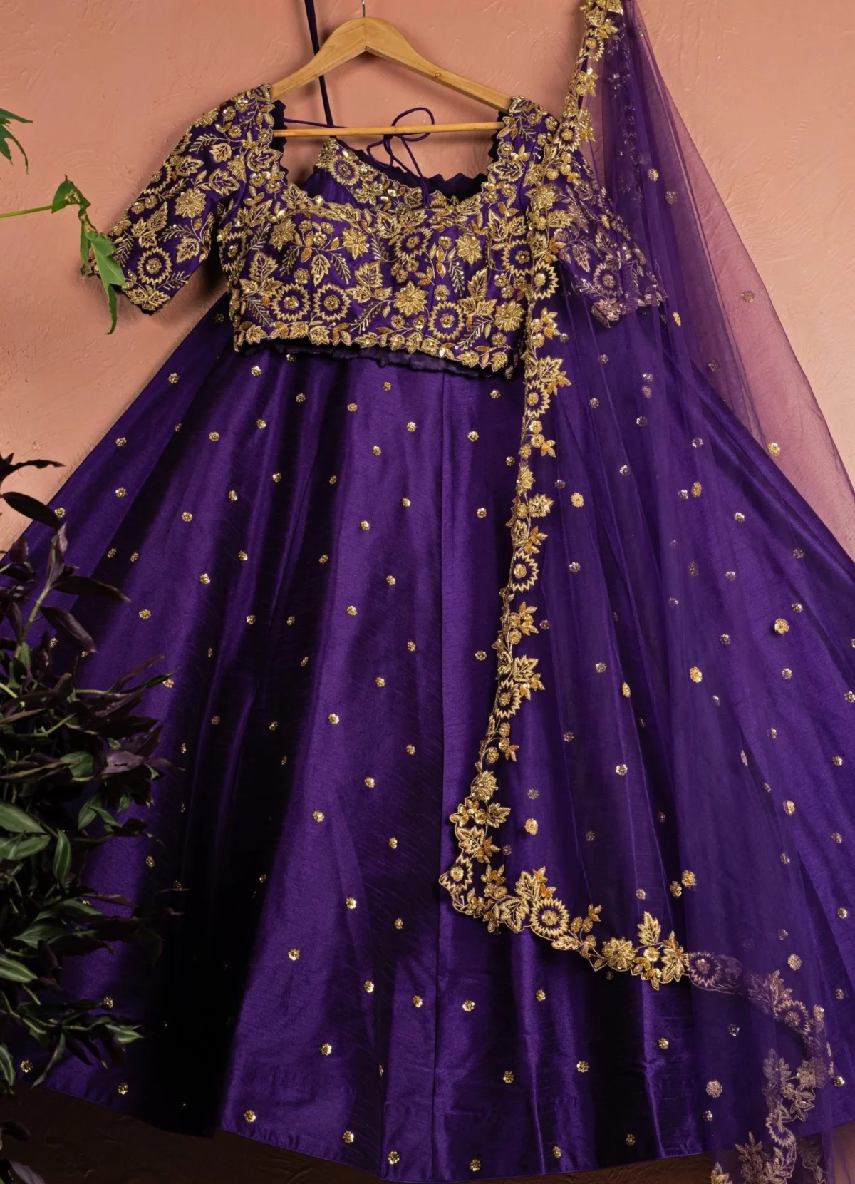 Violet Embellished Raw Silk Lehenga Set With Dupatta Black Thread Co