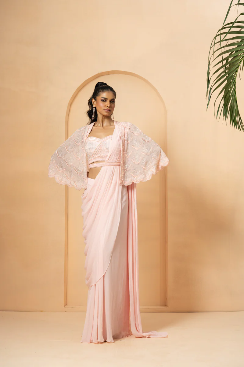 Orange Embroidered Pre-Stitched Drape Saree Black Thread Co 3