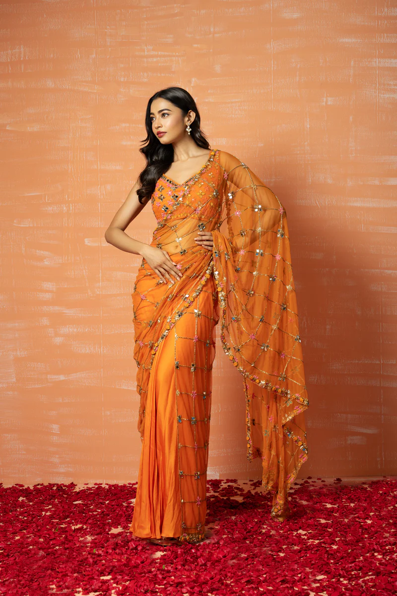 Black Soft Net and Georgette Hand-Embroidered Saree Set Black Thread Co 3