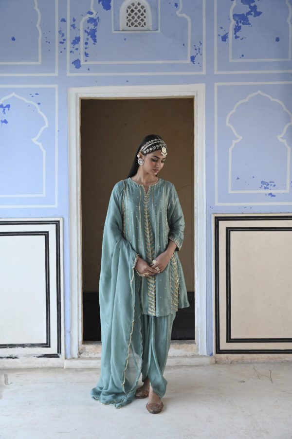 Turquoise Blue 3/4 TH Sleeve Embroidered Short Kurta With Dhoti And Dupatta Black Thread Co Turquoise Blue 3/4 TH Sleeve Embroidered Short Kurta With Dhoti And Dupatta Black Thread Co
