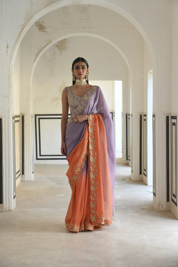 Lilac-Orange Ombre Floral Embroidered Border Saree With V-Neck Blouse Black Thread Co