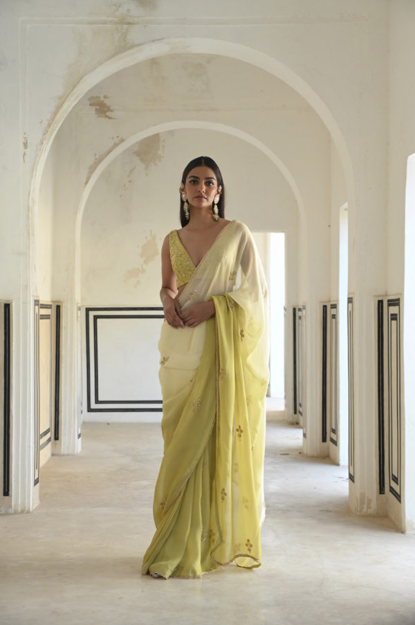 Ivory-Olive Green Ombre Floral Butti Embroidered Saree With Blouse Black Thread Co