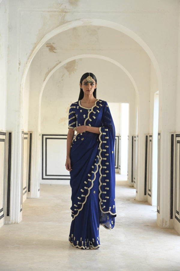 Royal Blue Scallop Embroidered Saree With Raglan Sleeve Blouse Black Thread Co