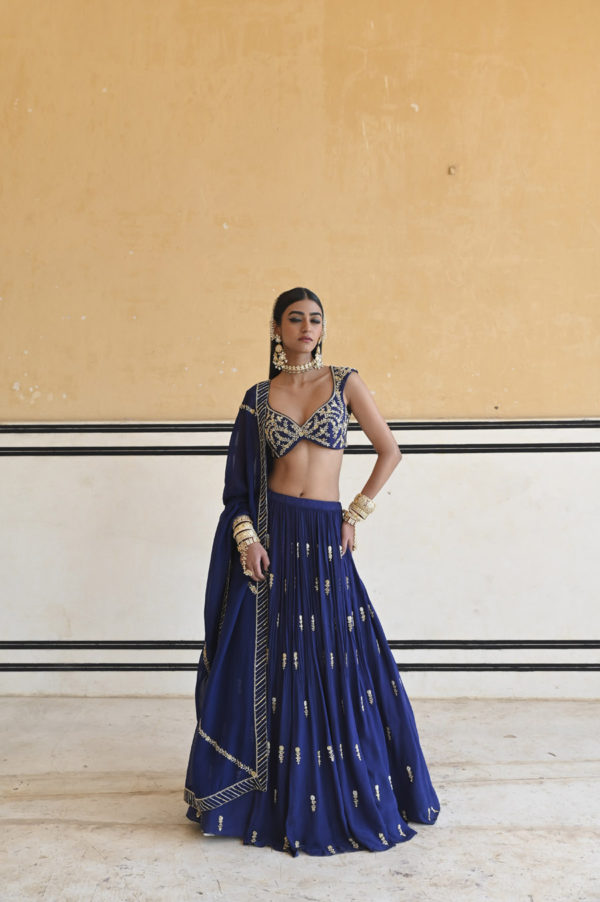 Royal Blue Deep Neckline Embroidered Sleeveless Blouse With Floral Butti Embroidered Lehenga And Dupatta Black Thread Co 3