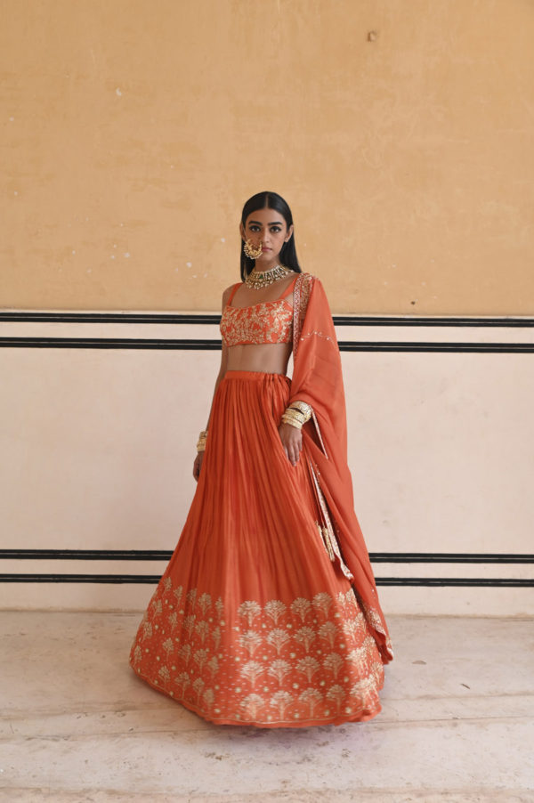 Orange Broad Step Embroidered Blouse With Butti Embroidered Lehenga And Dupatta Black Thread Co
