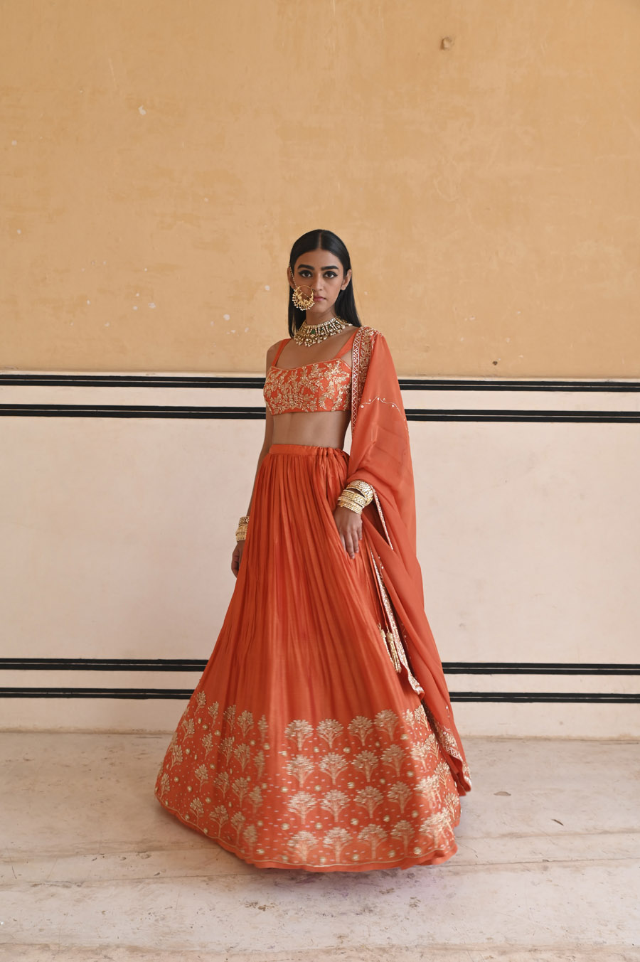 Royal Blue Deep Neckline Embroidered Sleeveless Blouse With Floral Butti Embroidered Lehenga And Dupatta Black Thread Co 2