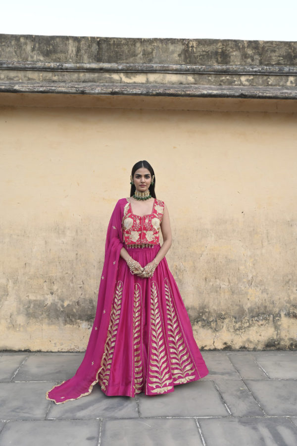 Fuscia Pink 12 Kali Leaf Embroidered Lehenga With Blouse And Dupatta Black Thread Co
