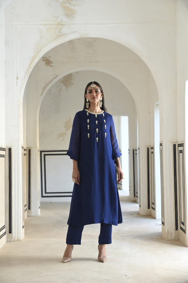 Royal Blue Bell Sleeve Yoke Floral Butti Embroidered Kurta With Pant Black Thread Co Royal Blue Bell Sleeve Yoke Floral Butti Embroidered Kurta With Pant Black Thread Co