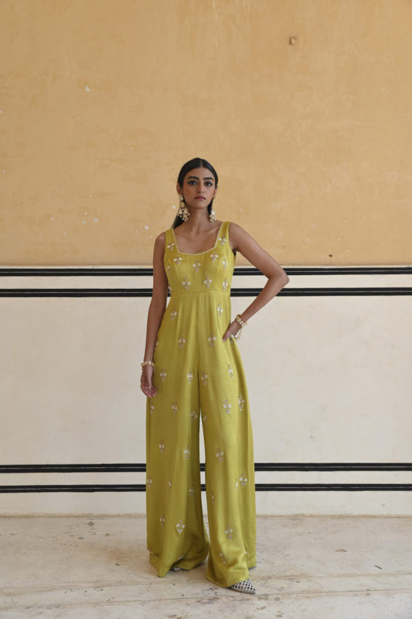 Lime Square Neckline Floral Butti Embroidered Flared Jumpsuit Black Thread Co 3 Lime Square Neckline Floral Butti Embroidered Flared Jumpsuit Black Thread Co 3