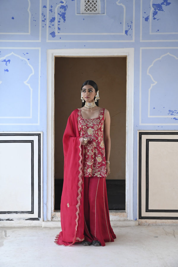 Red Square Nekline Big Flower Jaal Embroidered Short Kurta With Palazzo And Dupatta Black Thread Co Red Square Nekline Big Flower Jaal Embroidered Short Kurta With Palazzo And Dupatta Black Thread Co