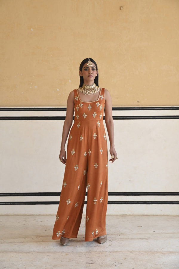 Copper Square Neckline Floral Butti Embroidered Flared Jumpsuit Black Thread Co Copper Square Neckline Floral Butti Embroidered Flared Jumpsuit Black Thread Co