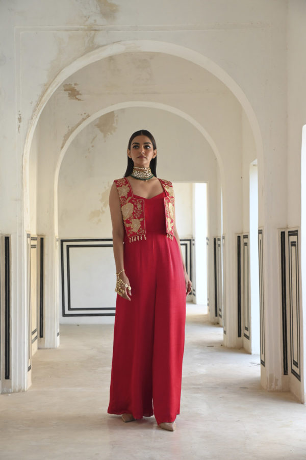 Red Big Flower Embroidered Short Jacket With Jumpsuit Black Thread Co Red Big Flower Embroidered Short Jacket With Jumpsuit Black Thread Co
