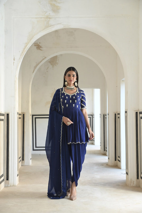 Royal Blue Raglan Sleeve Butti Embroidered Peplum With Dhoti And Dupatta Black Thread Co Royal Blue Raglan Sleeve Butti Embroidered Peplum With Dhoti And Dupatta Black Thread Co