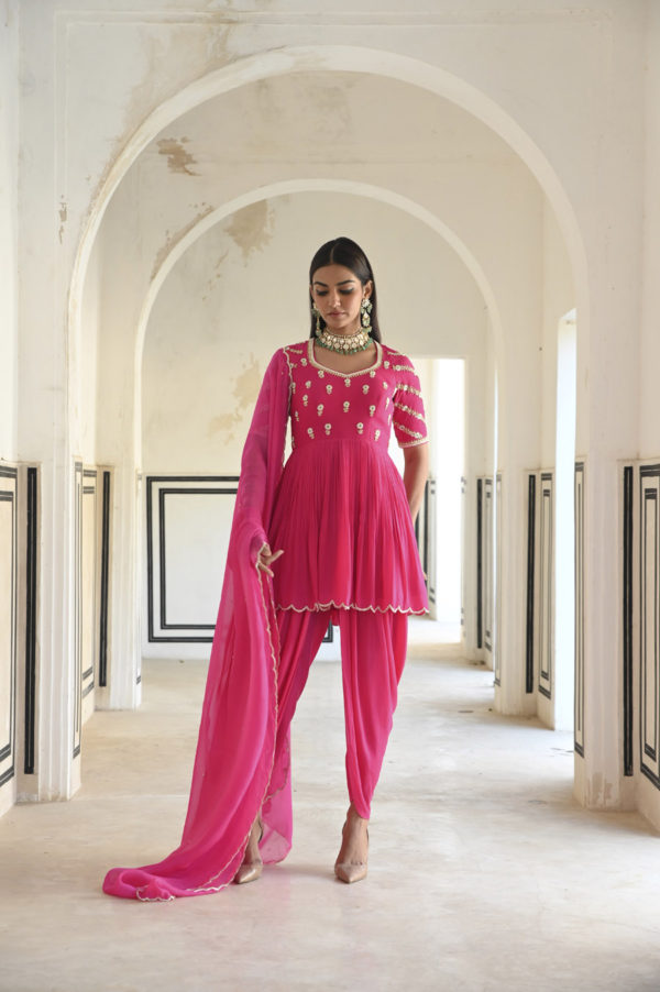 Rose Pink Raglan Sleeve Butti Embroidered Peplum With Dhoti And Dupatta Black Thread Co Rose Pink Raglan Sleeve Butti Embroidered Peplum With Dhoti And Dupatta Black Thread Co