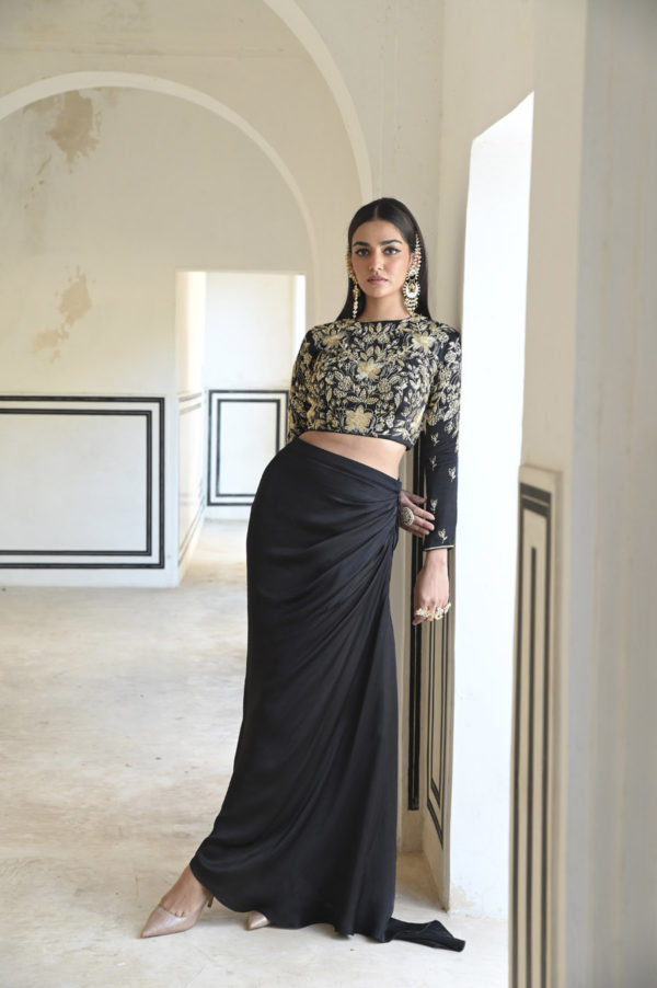 Black Full Sleeve Big Flower Jaal Embroidered Crop Top With Cowl Skirt Black Thread Co Black Full Sleeve Big Flower Jaal Embroidered Crop Top With Cowl Skirt Black Thread Co