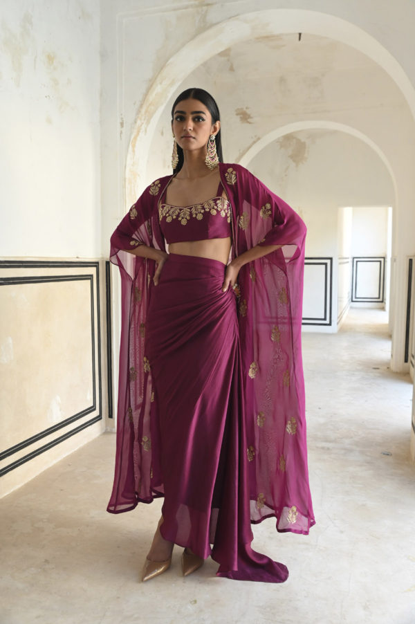 Magenta Floral Embroidered Neckline Bralet With Jacket And Cowl Skirt Black Thread Co Magenta Floral Embroidered Neckline Bralet With Jacket And Cowl Skirt Black Thread Co