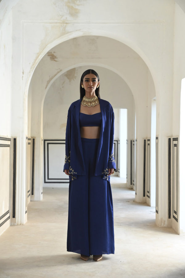 Royal Blue Loose Fitted Embroidered Blazer With Bralet And Palazzo Black Thread Co Royal Blue Loose Fitted Embroidered Blazer With Bralet And Palazzo Black Thread Co