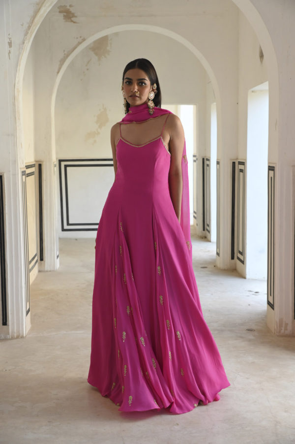 Bright Pink Spaghetti Butti Embroidered Godet Anarkali With Dupatta Black Thread Co Bright Pink Spaghetti Butti Embroidered Godet Anarkali With Dupatta Black Thread Co
