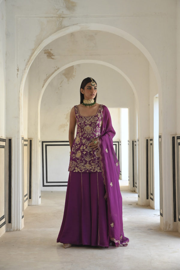Purple Square Nekline Big Flower Jaal Embroidered Short Kurta With Palazzo And Dupatta Black Thread Co Purple Square Nekline Big Flower Jaal Embroidered Short Kurta With Palazzo And Dupatta Black Thread Co