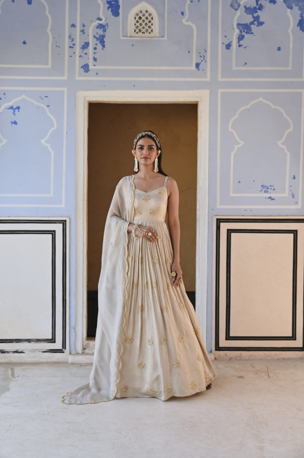 Grey Broad Step 3 Butti Embroidered Anarkali With Dupatta Black Thread Co Grey Broad Step 3 Butti Embroidered Anarkali With Dupatta Black Thread Co
