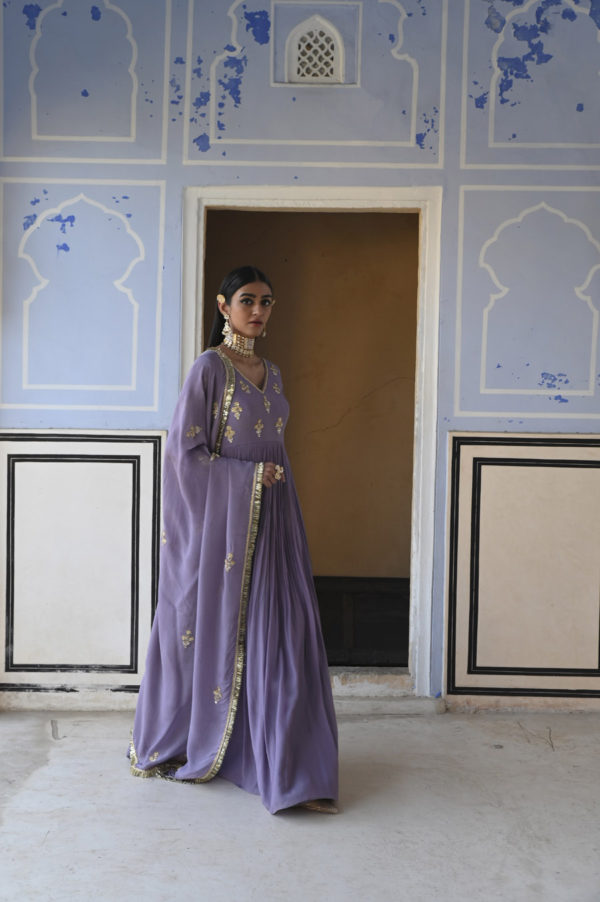 Lilac V-Neck Floral Butti Embroidered Full Sleeve Anarkali With Dupatta Black Thread Co Lilac V-Neck Floral Butti Embroidered Full Sleeve Anarkali With Dupatta Black Thread Co