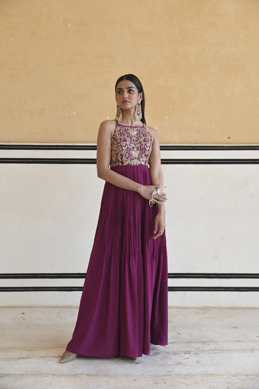 Lilac V-Neck Floral Butti Embroidered Full Sleeve Anarkali With Dupatta Black Thread Co 2