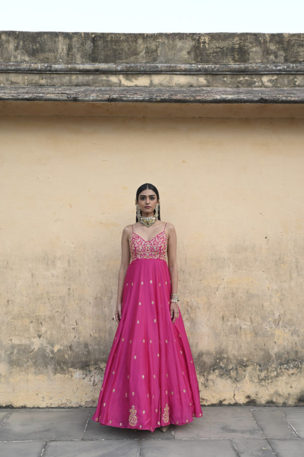 Hot Pink Floral Jaal Yoke Embroidered 16 Kali Anarkali With Dupatta Black Thread Co Hot Pink Floral Jaal Yoke Embroidered 16 Kali Anarkali With Dupatta Black Thread Co