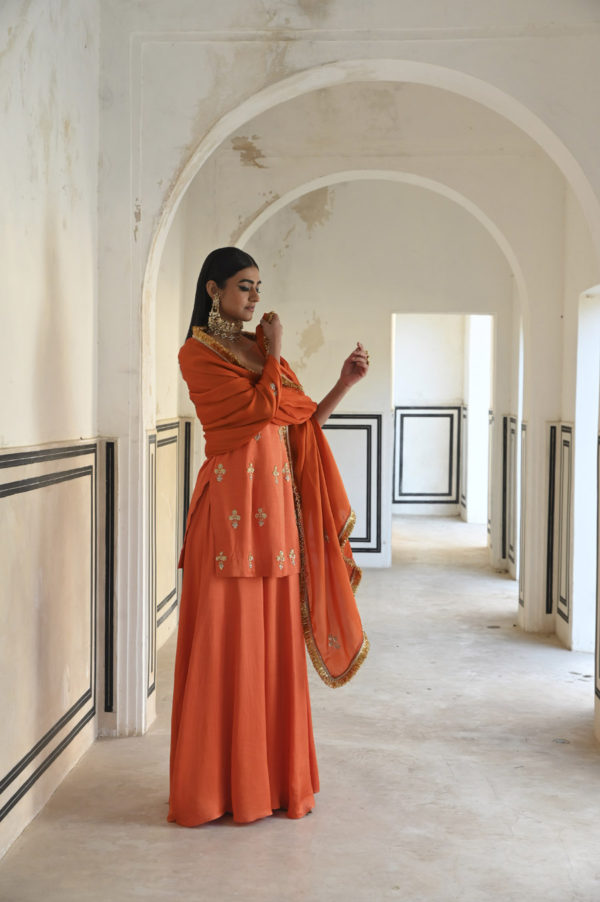 Orange Square Neckline Floral Butti Embroidered Short Kurta With Palazzo And Dupatta Black Thread Co Orange Square Neckline Floral Butti Embroidered Short Kurta With Palazzo And Dupatta Black Thread Co