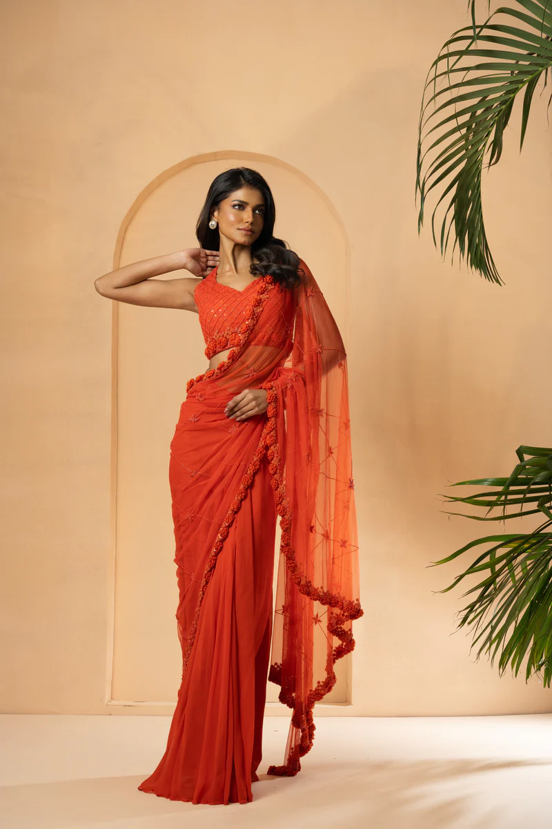 Blue Embroidered Pre-Stitched Drape Saree Black Thread Co 3