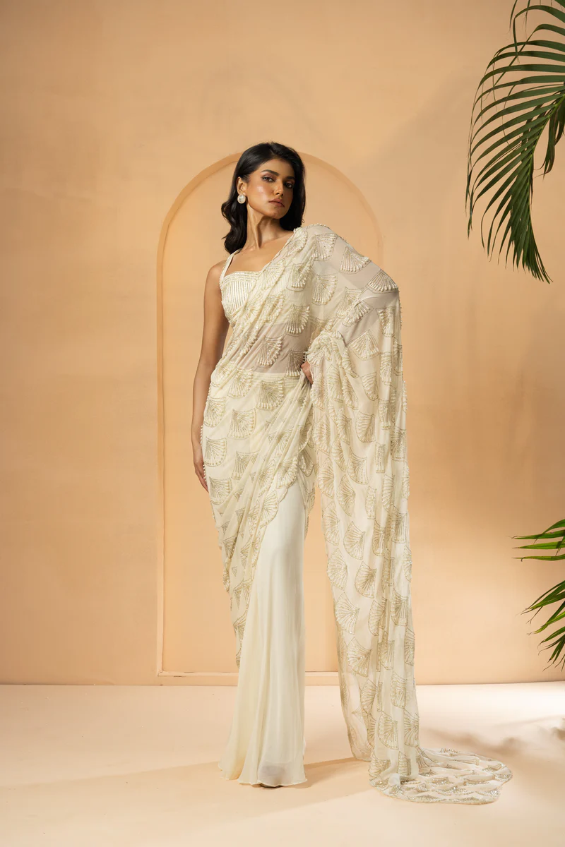 Dust Pink Embroidered Pre-Stitched Drape Saree Black Thread Co 2
