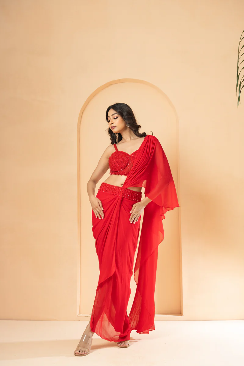 Peach Pre-Stitched Ruffle Saree with Designer Embroidery Black Thread Co 3