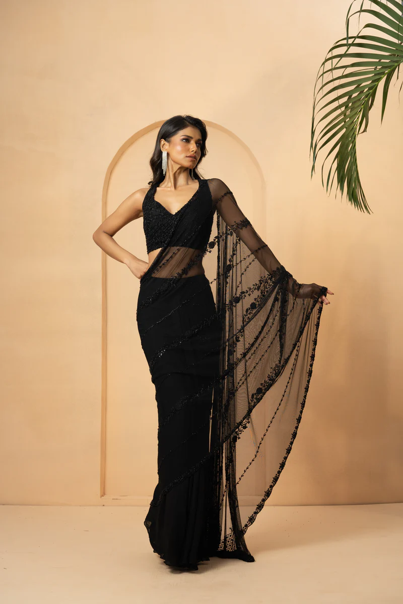 Dust Pink Embroidered Pre-Stitched Drape Saree Black Thread Co 3